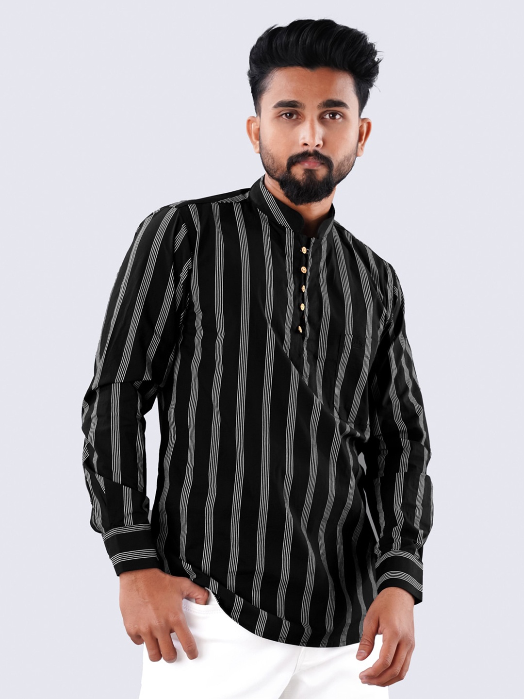 

FRENCH CROWN Standard Vertical Striped Cotton Casual Shirt, Black