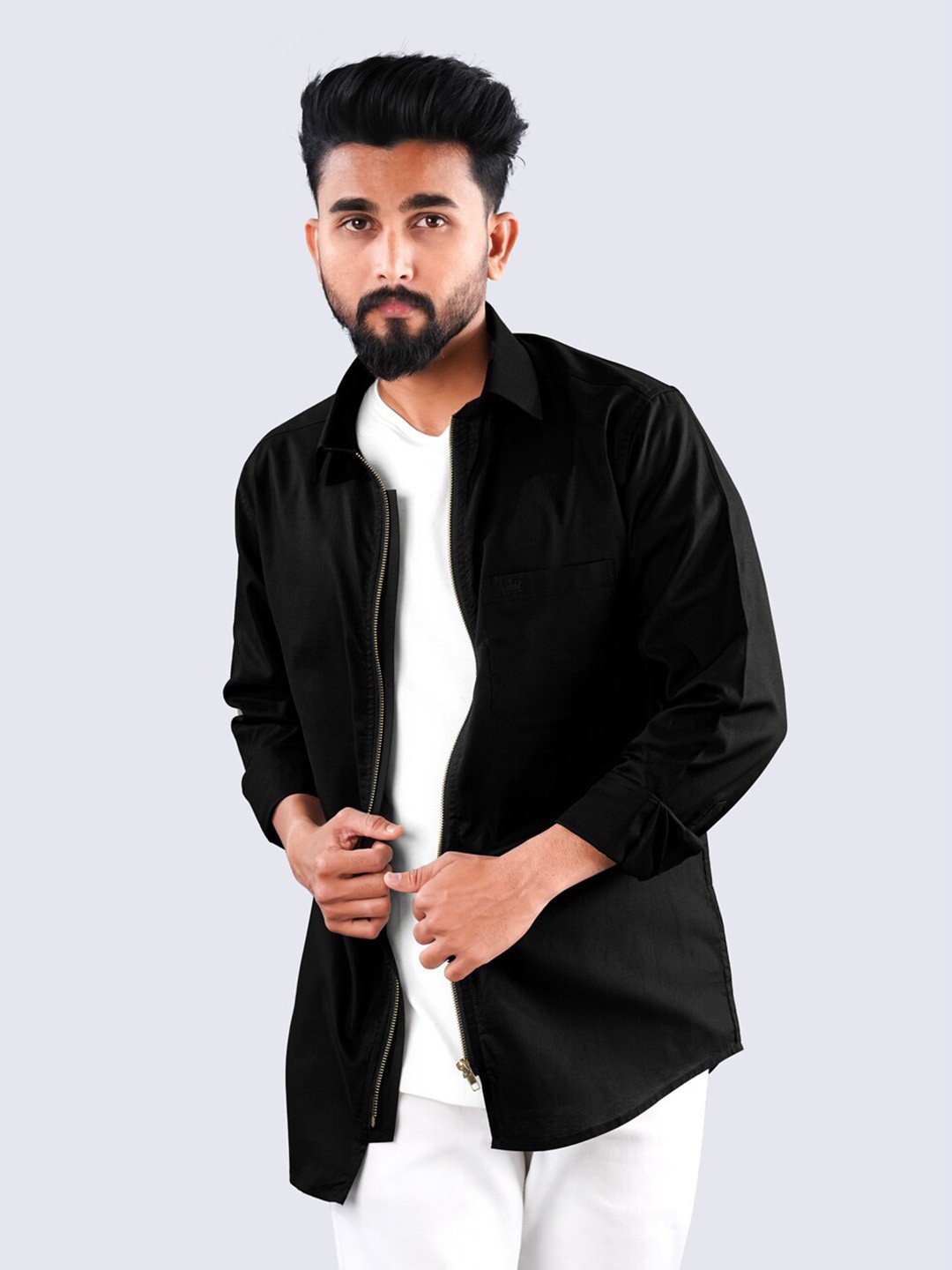 

FRENCH CROWN Standard Fit Oxford Zip Closure Cotton Casual Shirt, Black