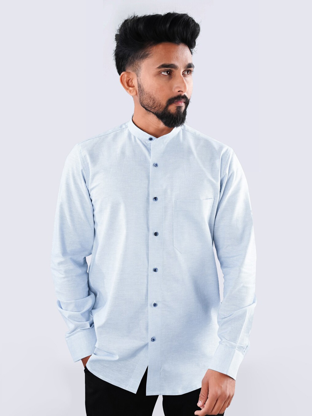 

FRENCH CROWN Standard Fit Mandarin Collar Oxford Cotton Casual Shirt, Blue