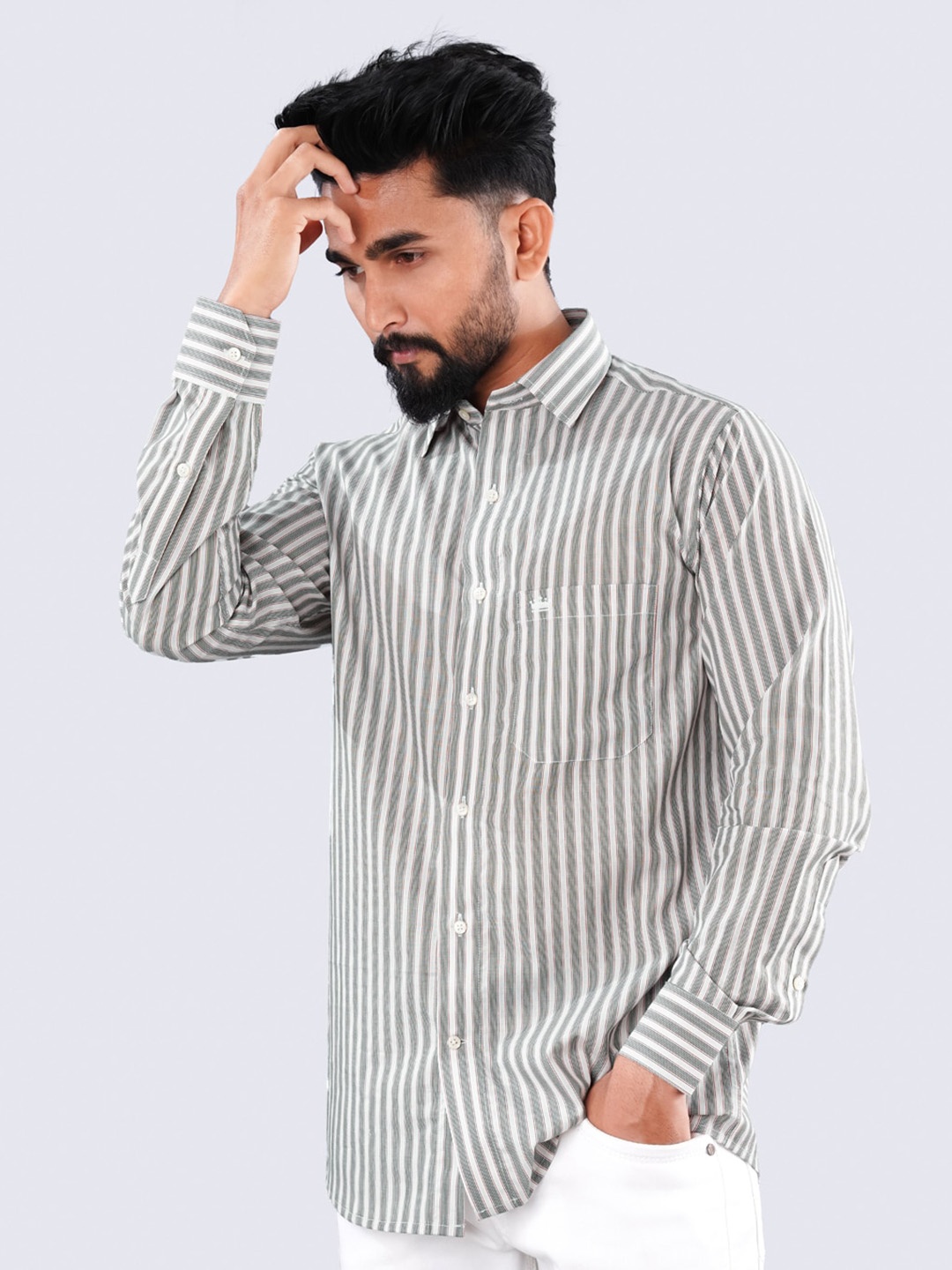 

FRENCH CROWN Standard Fit Vertical Striped Twill Cotton Pure Casual Shirt, White