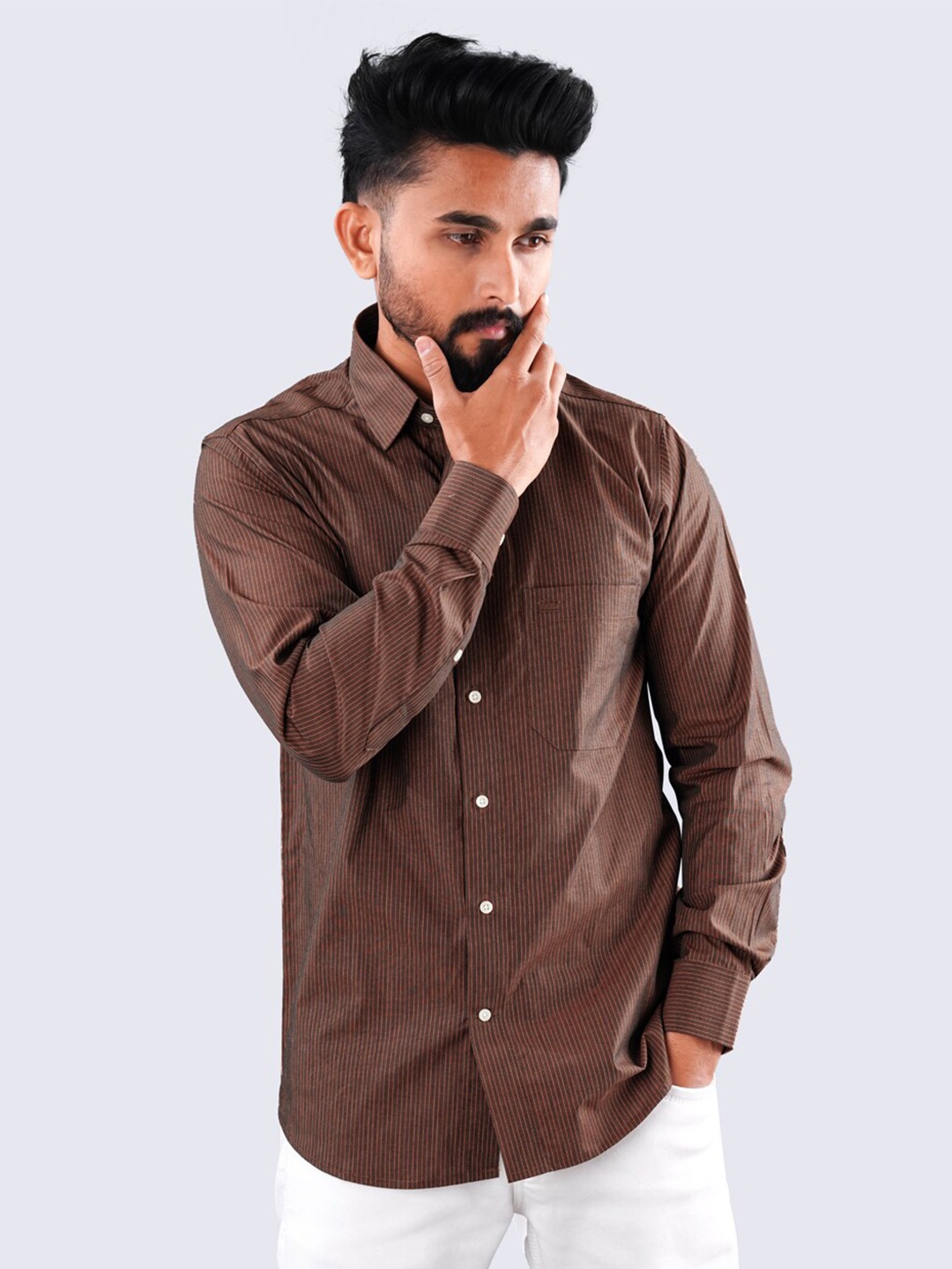 

FRENCH CROWN Standard Fit Vertical Striped Twill Pure Cotton Casual Shirt, Brown