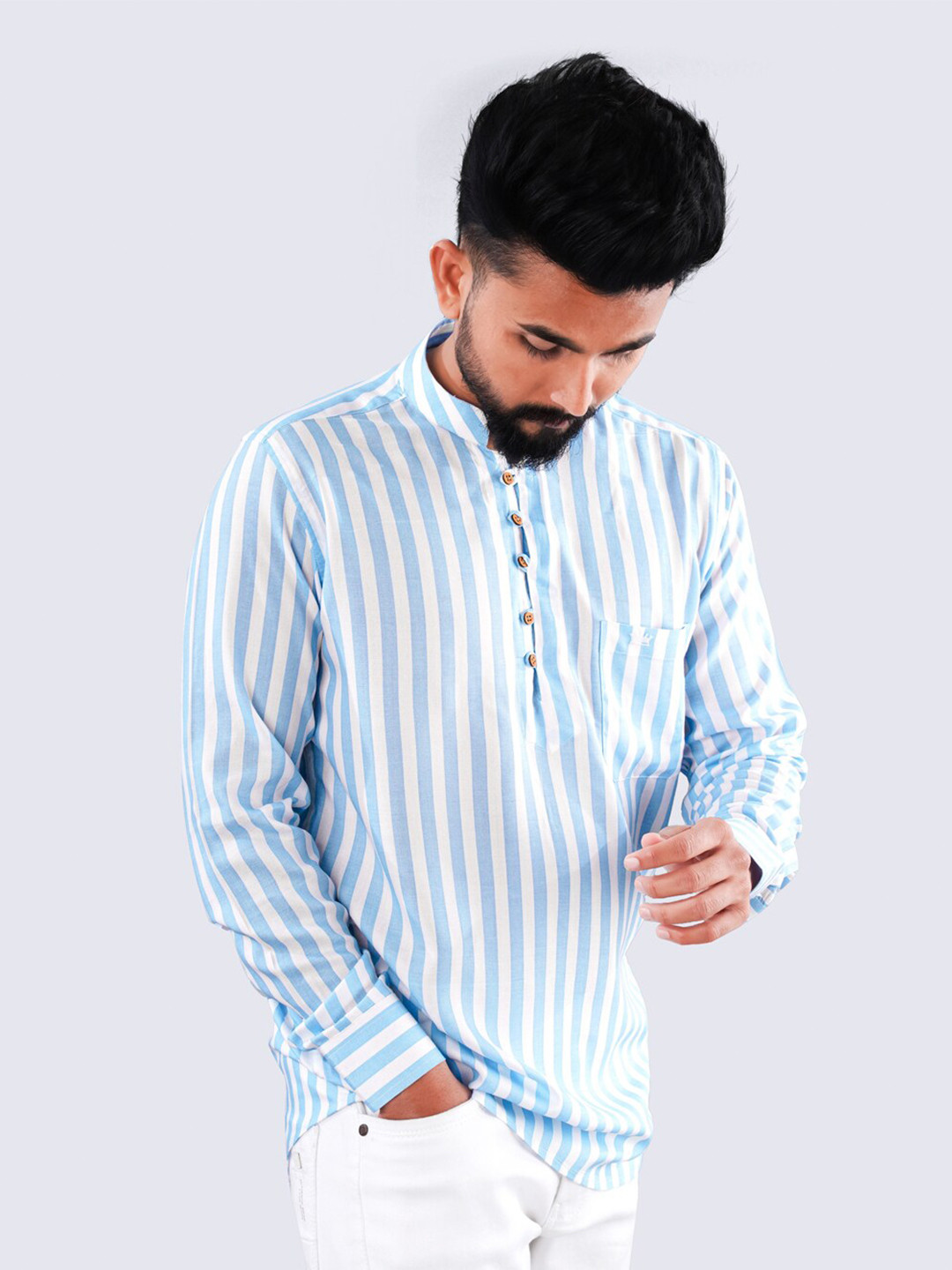 

FRENCH CROWN Standard Fit Vertical Striped Mandarin Collar Twill Pure Cotton Casual Shirt, Blue