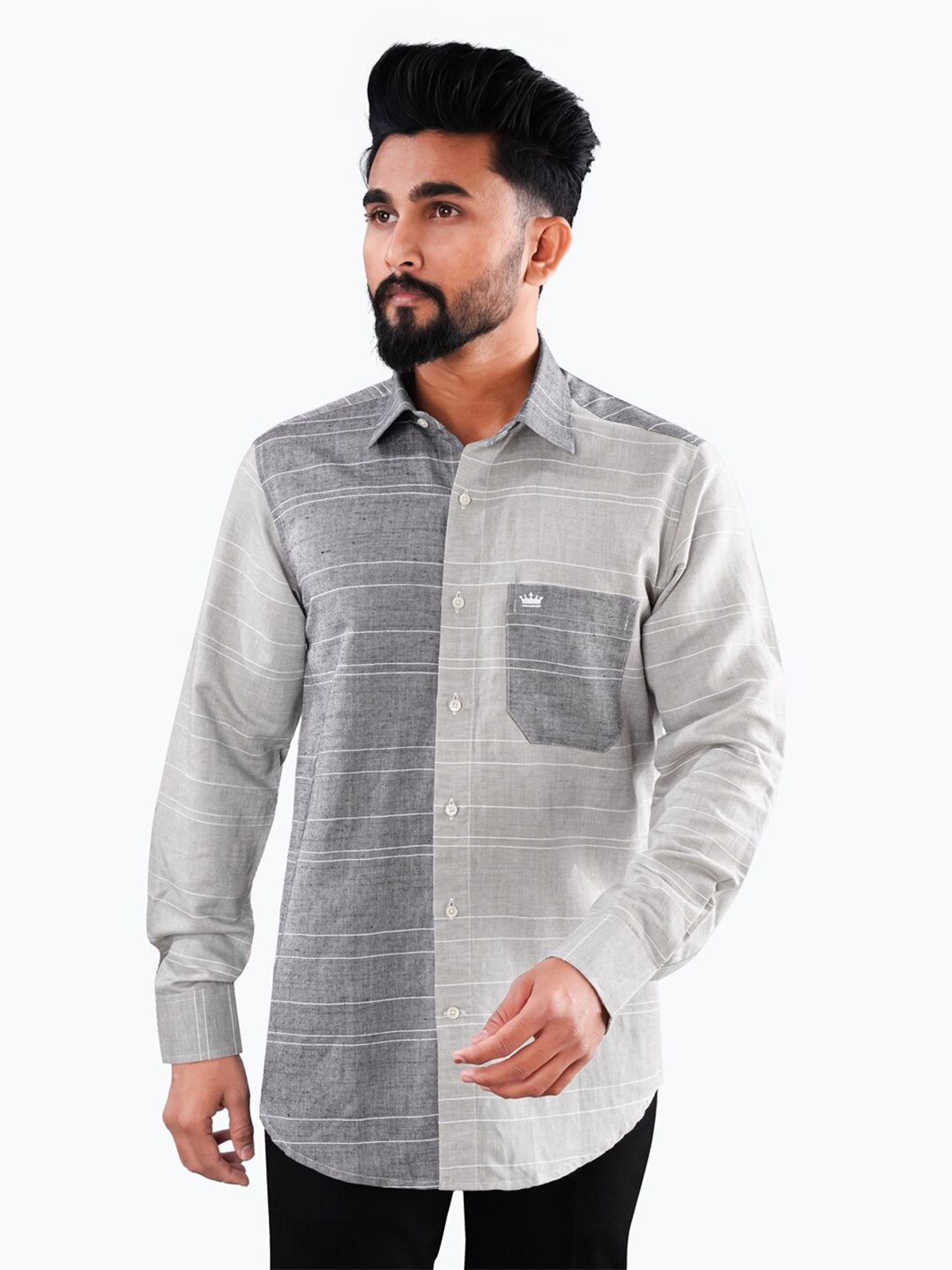

FRENCH CROWN Standard Fit Horizontal Striped Twill Cotton Casual Shirt, Grey
