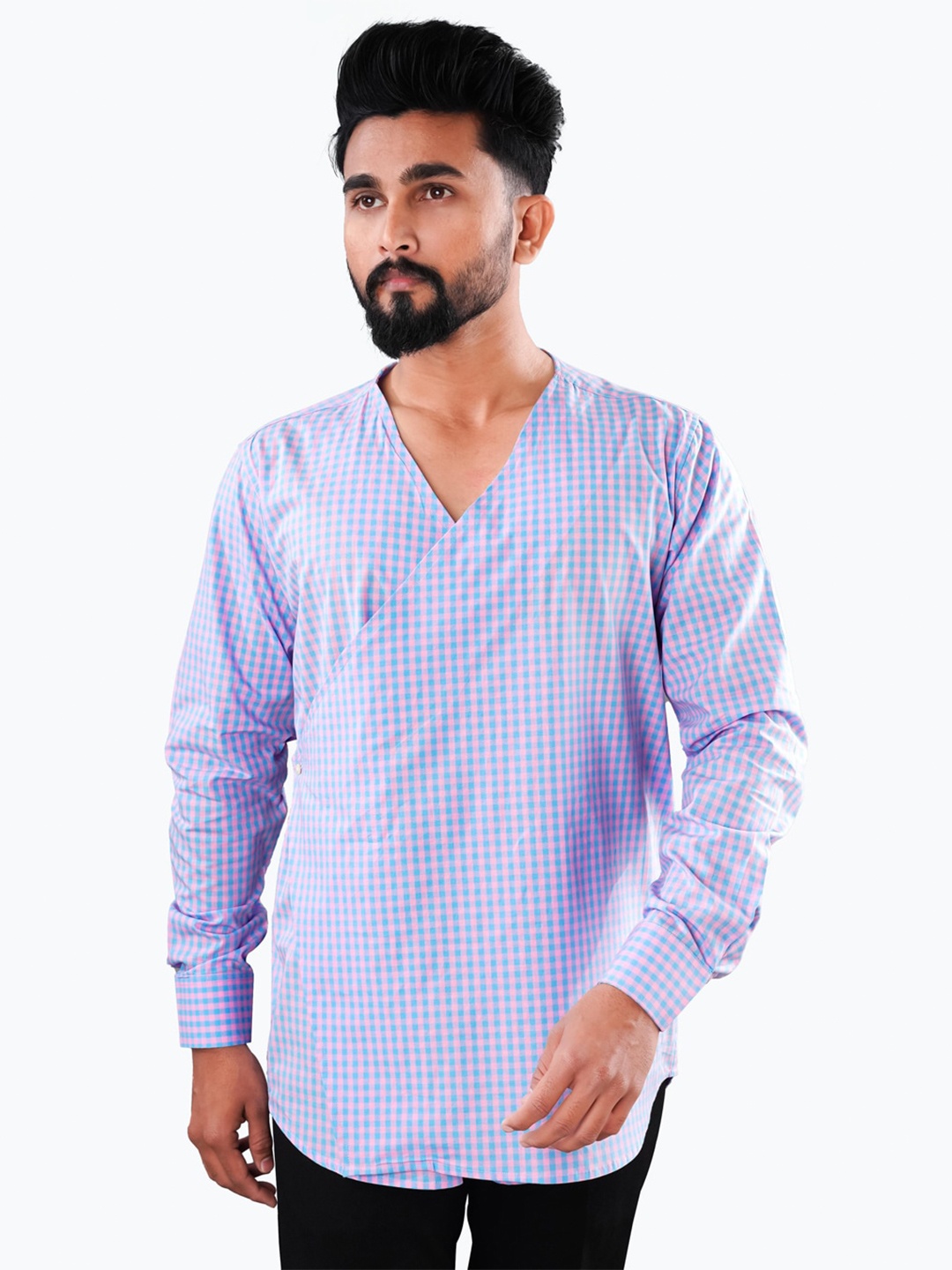 

FRENCH CROWN Standard Fit Gingham Checked Collarless Pure Cotton Wrap Shirt, Pink