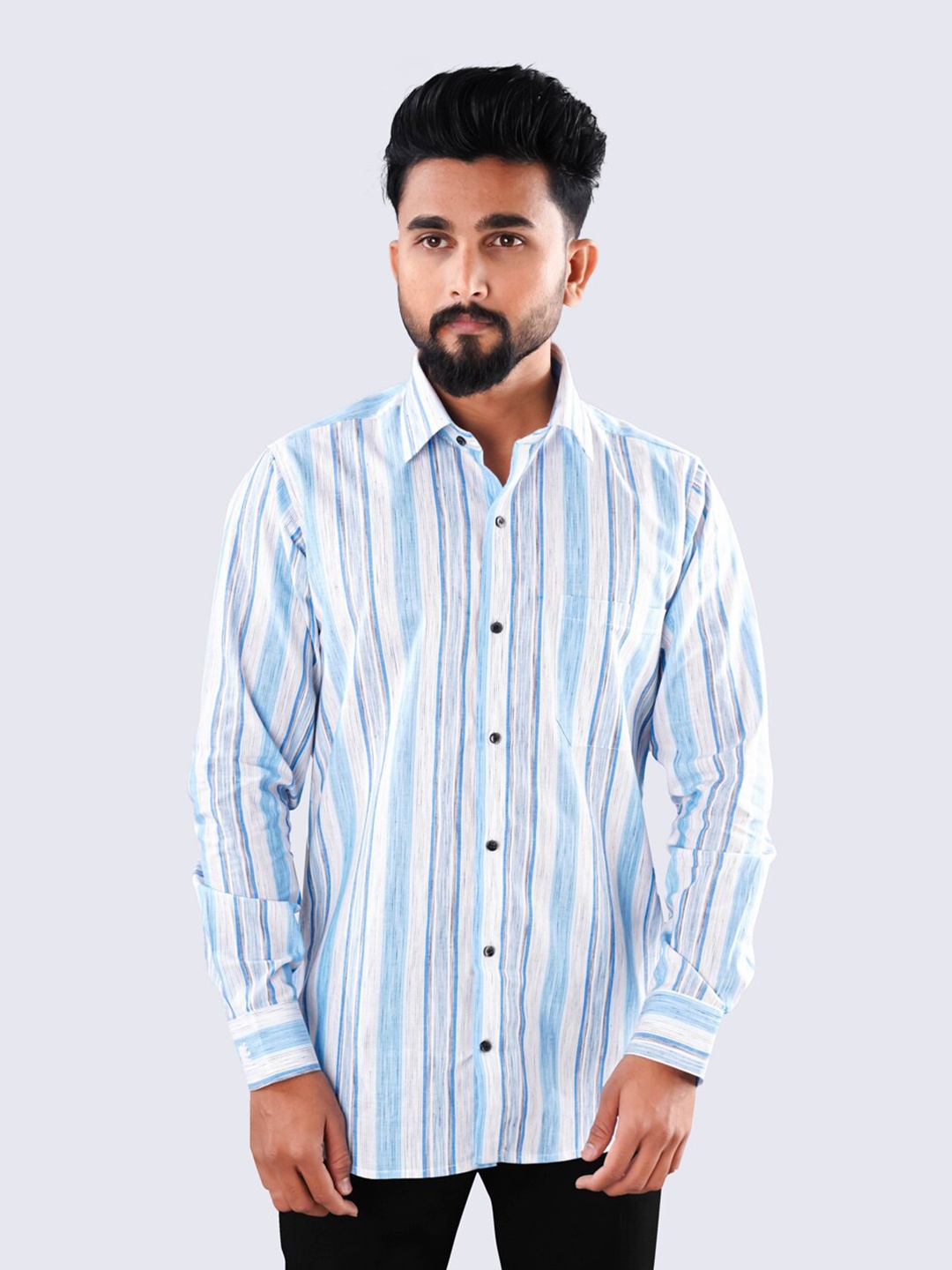 

FRENCH CROWN Standard Fit Vertical Striped Twill Pure Cotton Casual Shirt, Blue