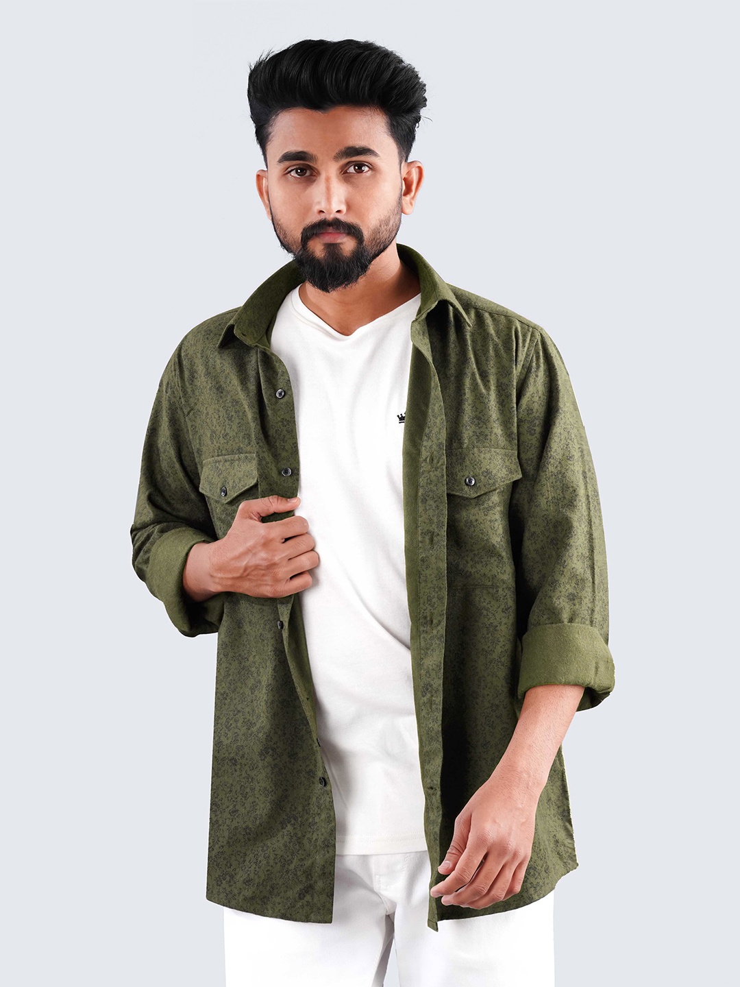 

FRENCH CROWN Standard Fit Micro Ditsy Printed Twill Cotton Casual Shirt, Olive