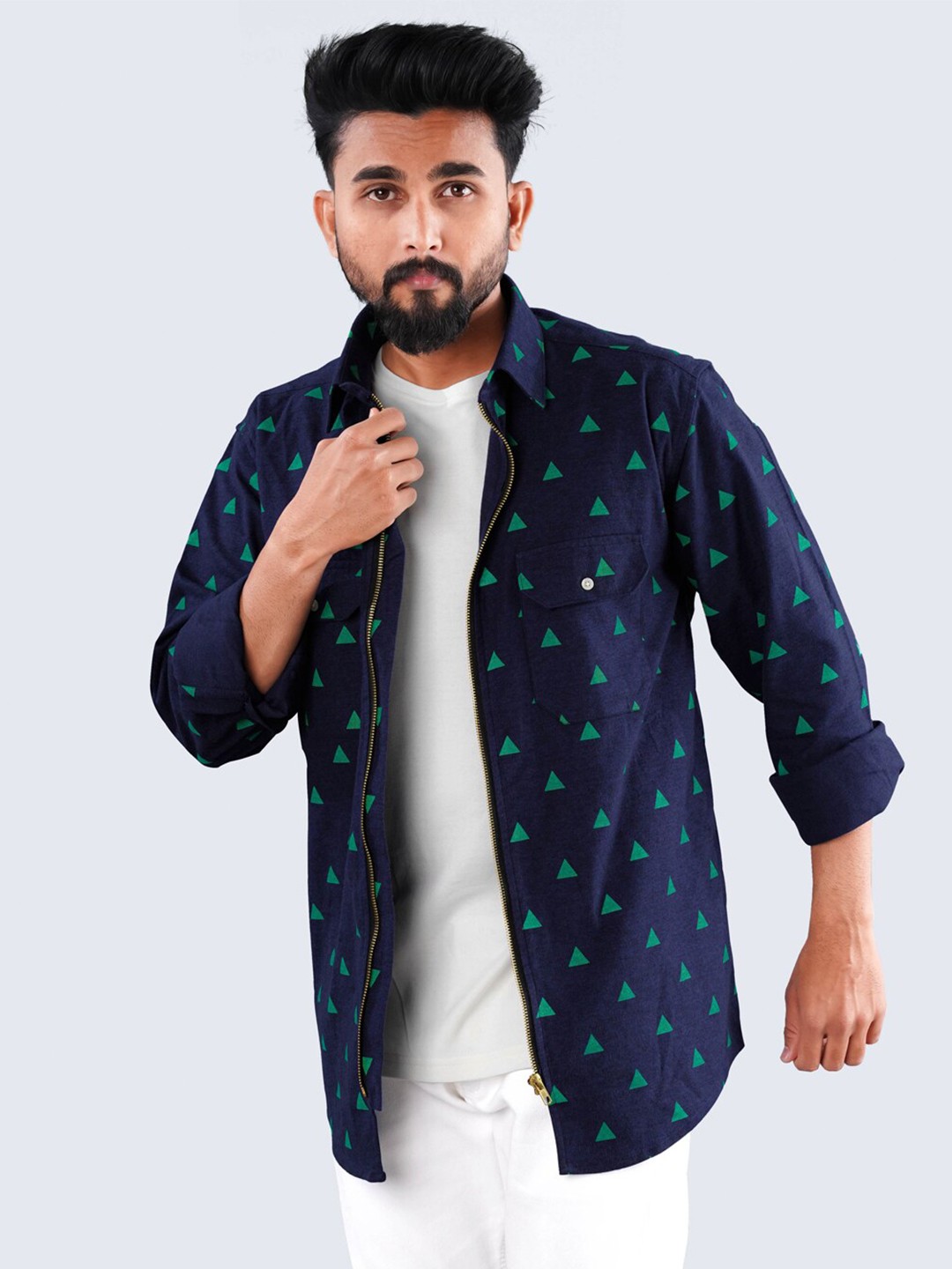 

FRENCH CROWN Standard Fit Geometric Printed Twill Cotton Shirt, Blue
