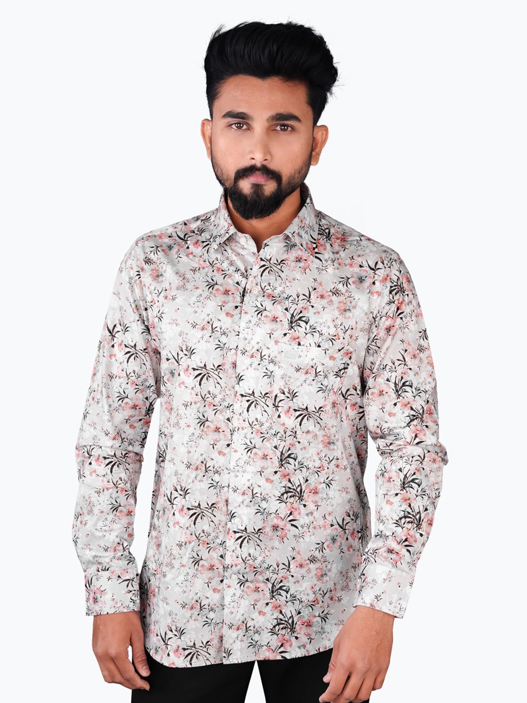 

FRENCH CROWN Standard Fit Floral Printed Twill Pure Cotton Casual Shirt, Grey