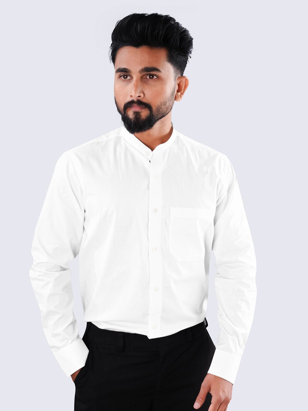 

FRENCH CROWN Standard Fit Mandarin Collar Twill Cotton Pure Casual Shirt, White