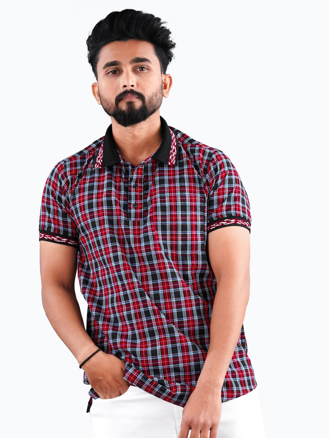 

FRENCH CROWN Standard Fit Checked Twill Pure Cotton Casual Shirt, Red