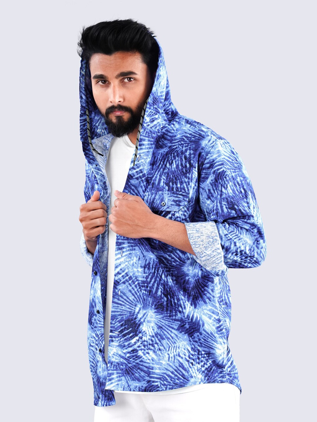 

FRENCH CROWN Abstract Printed Hooded Standard Twill Cotton Casual Shirt, Blue