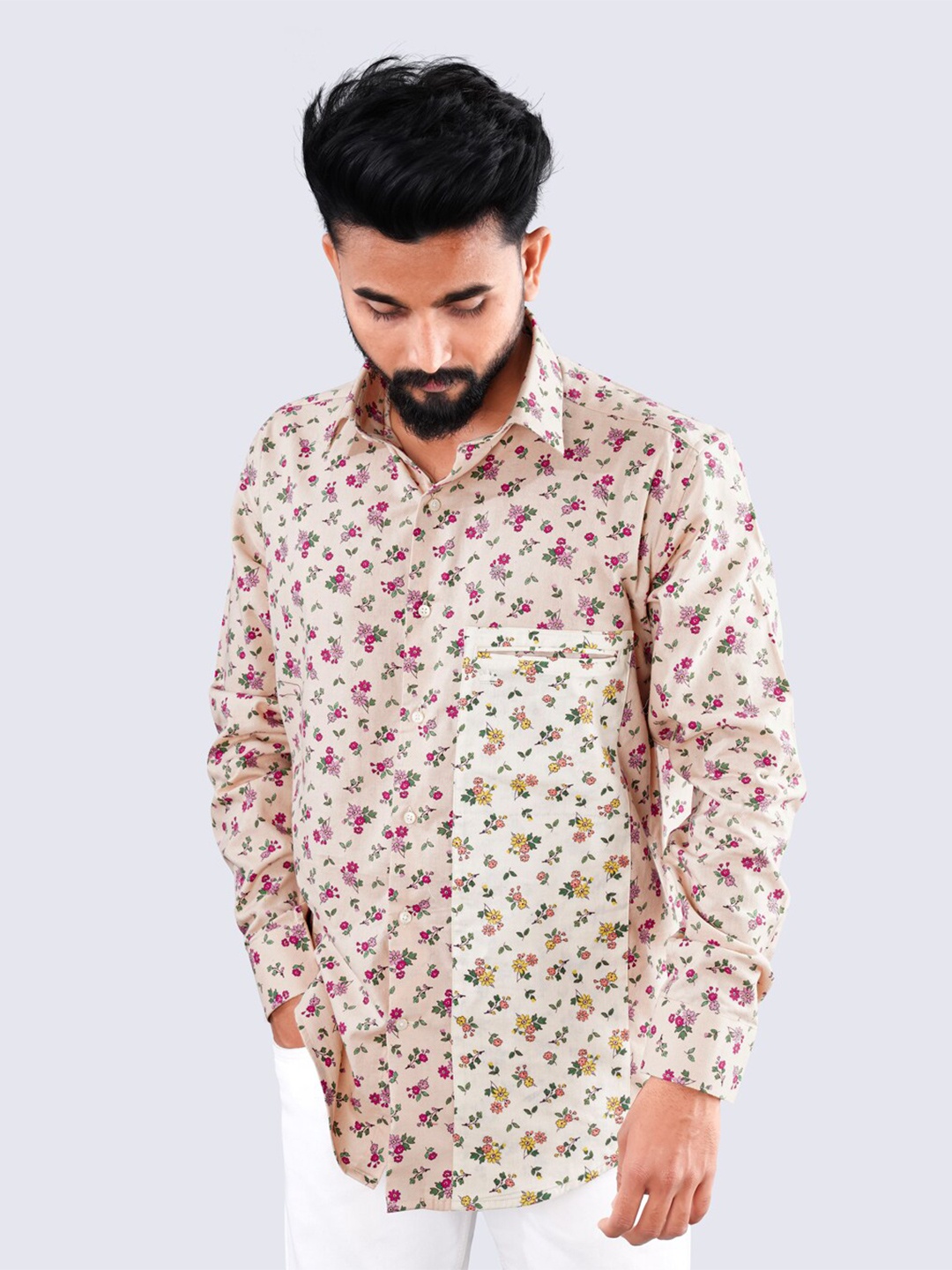 

FRENCH CROWN Floral Printed Standard Twill Cotton Casual Shirt, Beige