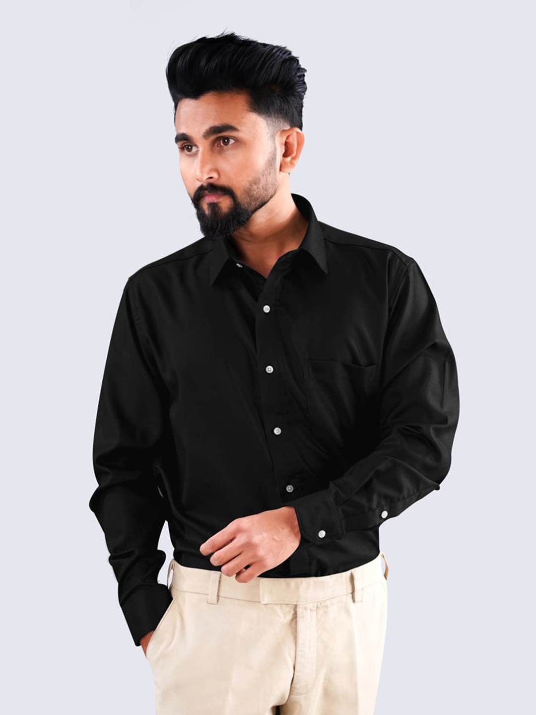 

FRENCH CROWN Spread Collar Standard Twill Pure Cotton Casual Shirt, Black