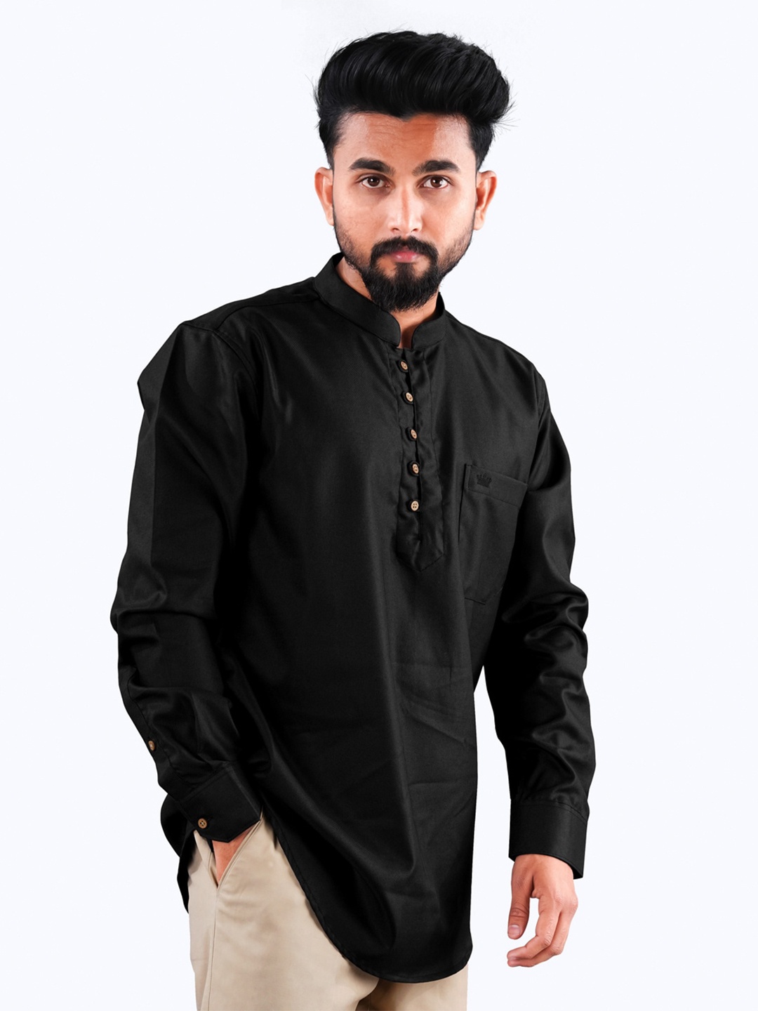 

FRENCH CROWN Mandarin Collar Standard Twill Pure Cotton Casual Shirt, Black