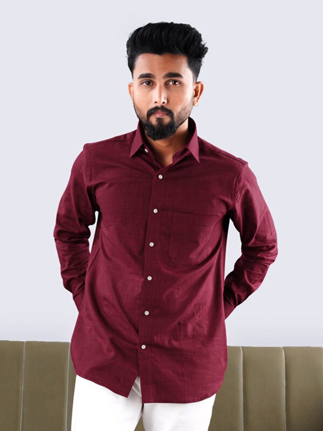 

FRENCH CROWN Spread Collar Standard Twill Pure Cotton Casual Shirt, Maroon