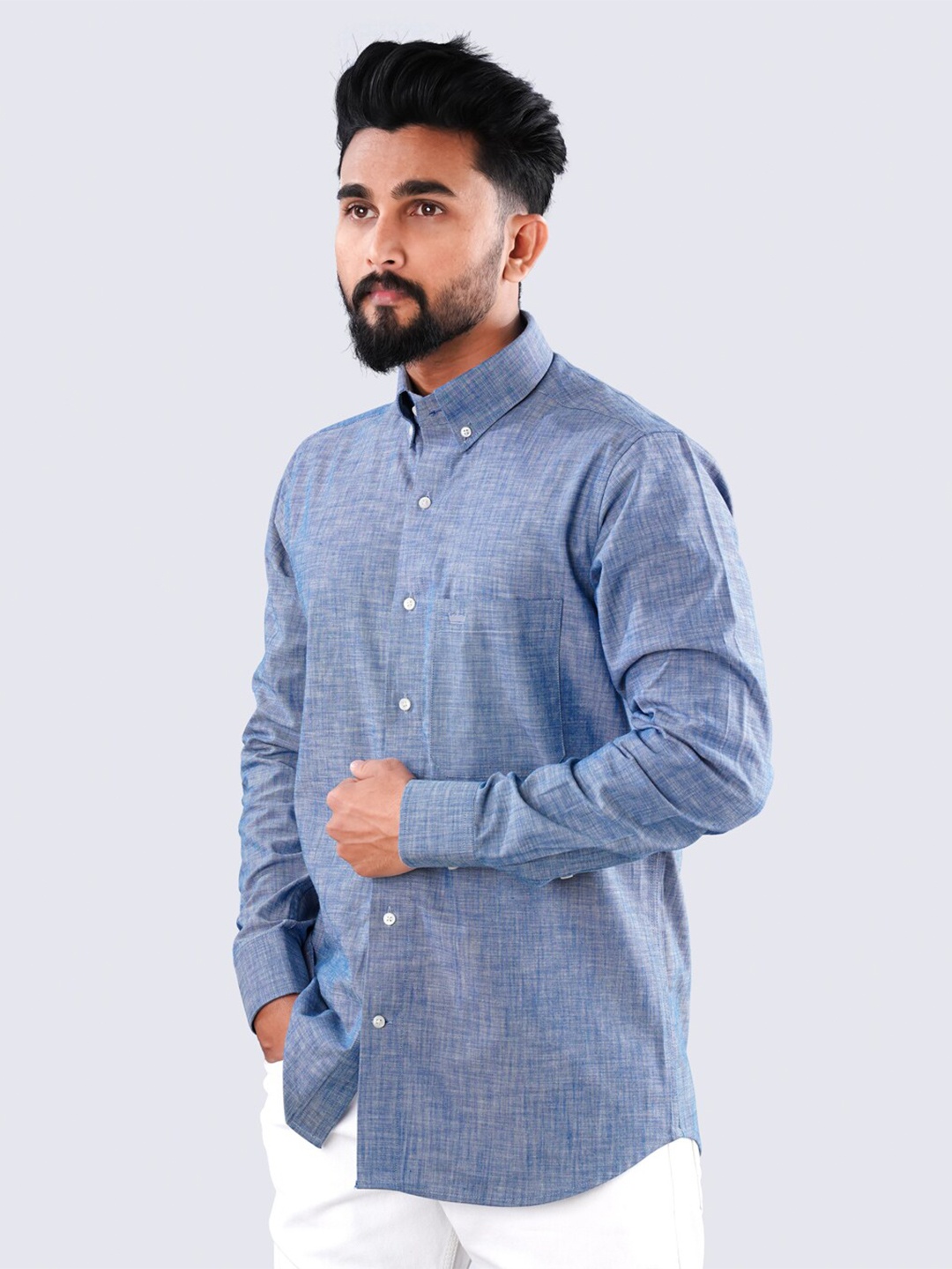 

FRENCH CROWN Button-Down Collar Standard Twill Linen Casual Shirt, Blue