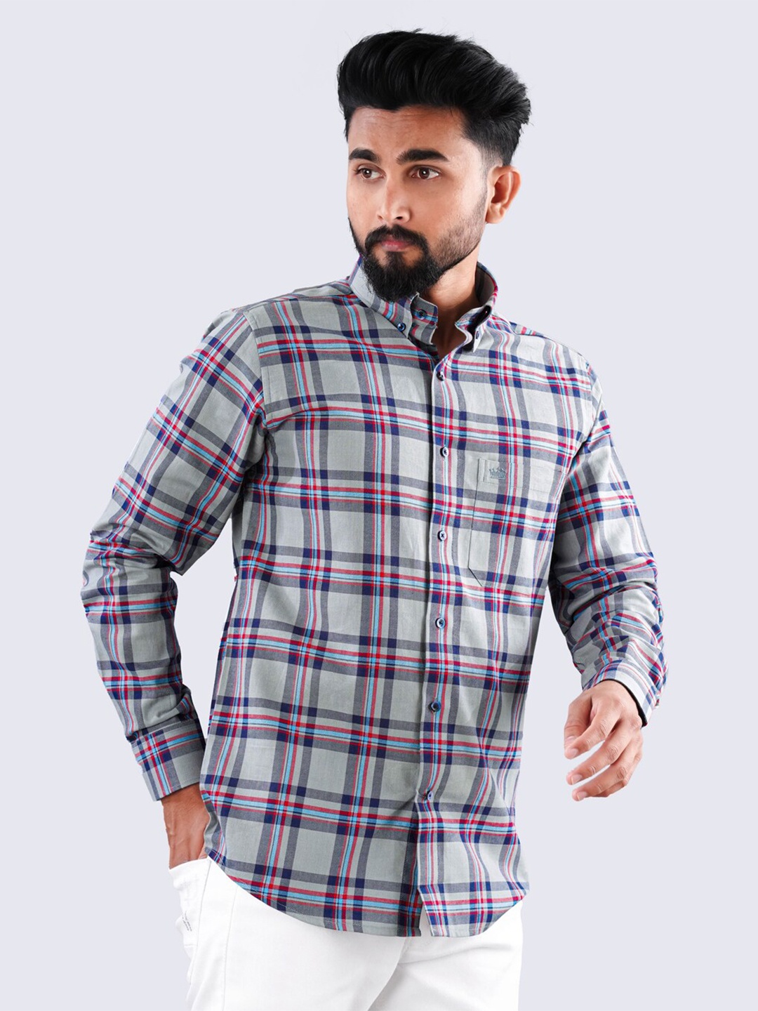 

FRENCH CROWN Tartan Checked Standard Twill Cotton Casual Shirt, Grey