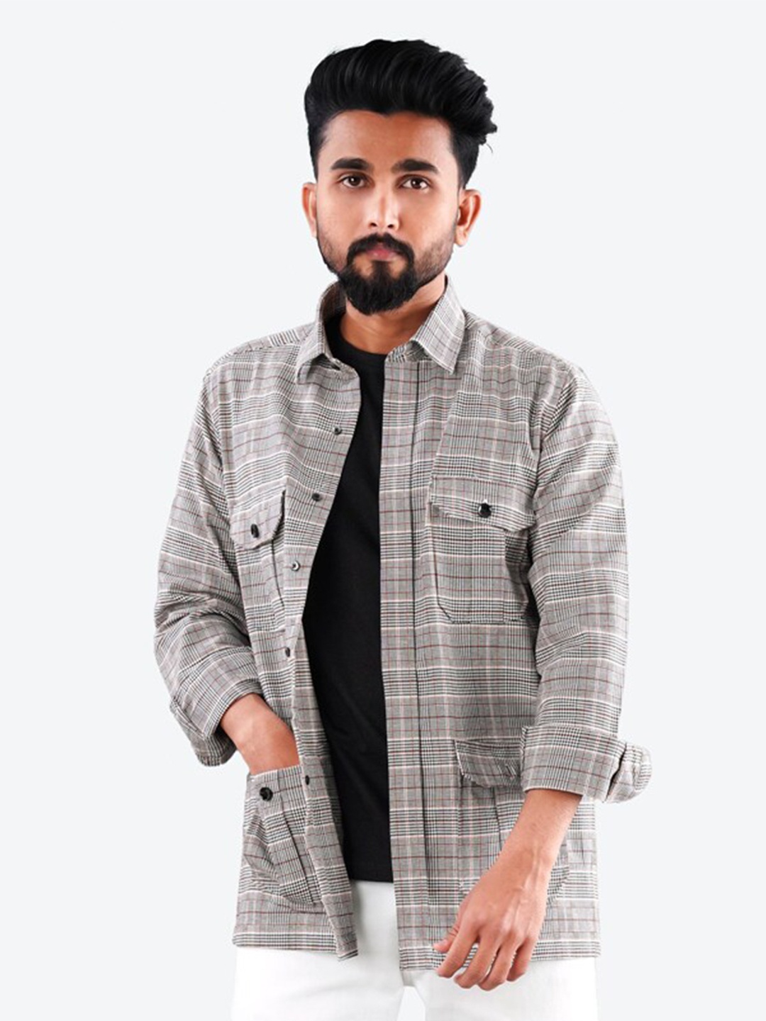 

FRENCH CROWN Horizontal Striped Standard Twill Cotton Casual Shirt, Grey