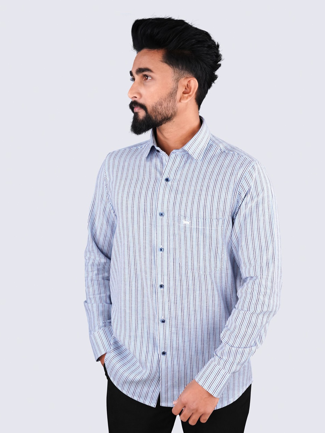 

FRENCH CROWN Vertical Striped Standard Twill Pure Cotton Casual Shirt, Blue