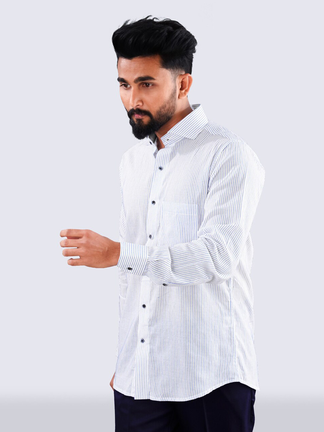 

FRENCH CROWN Vertical Striped Standard Twill Pure Cotton Casual Shirt, White