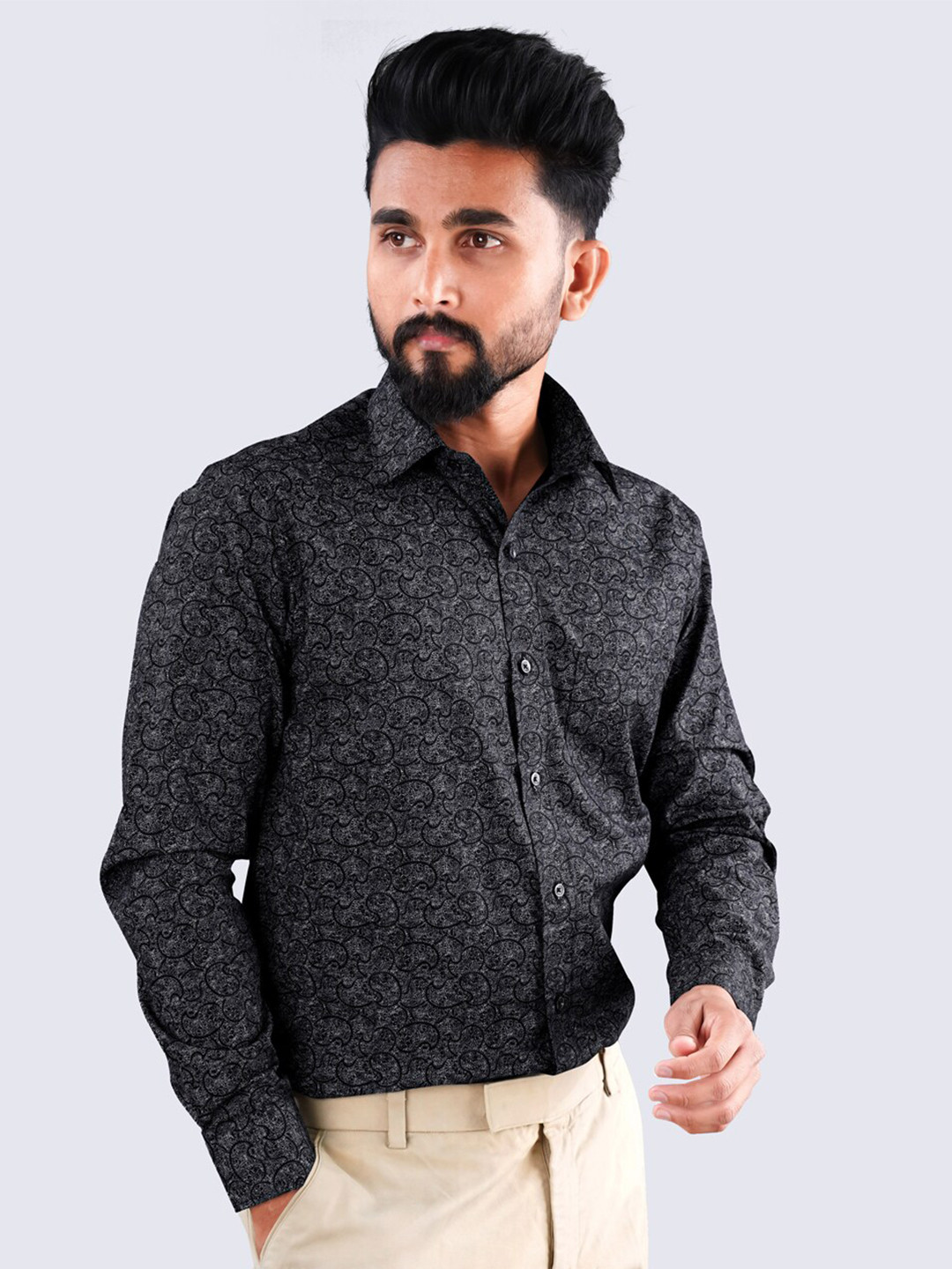 

FRENCH CROWN Paisley Printed Standard Twill Pure Cotton Casual Shirt, Black
