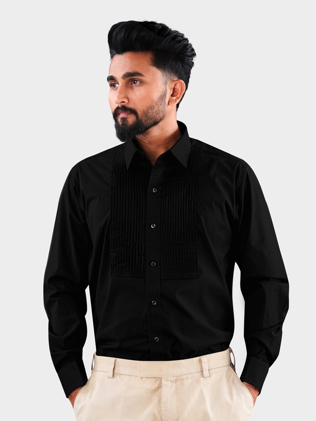 

FRENCH CROWN Spread Collar Standard Twill Pure Cotton Tuxedo Shirt, Black