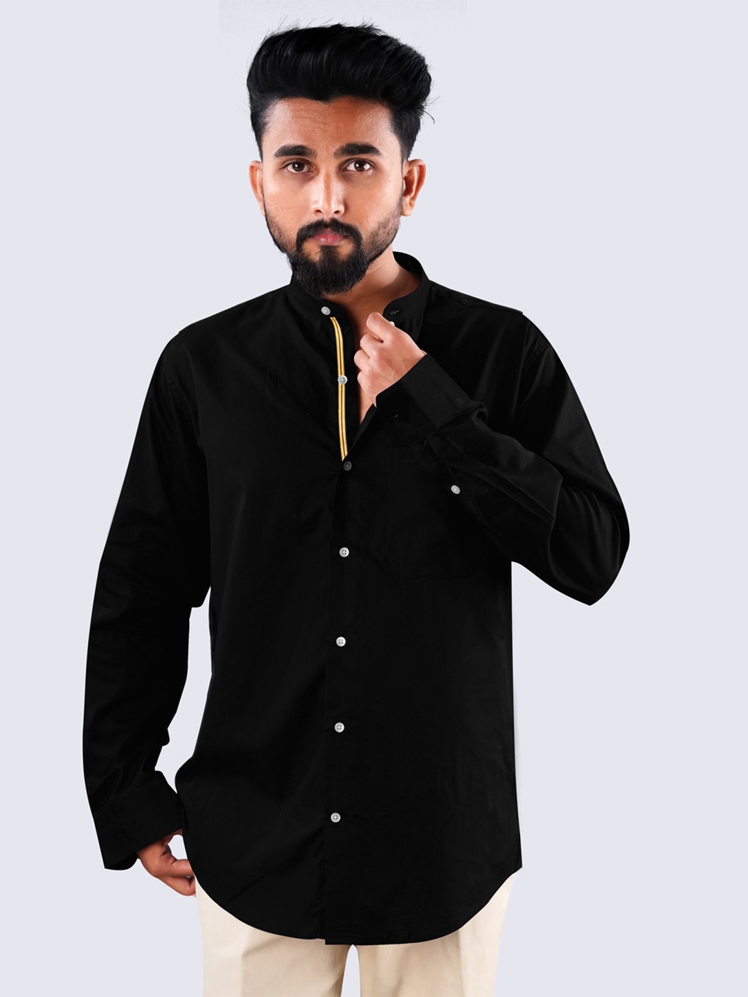 

FRENCH CROWN Band Collar Standard Twill Cotton Shirt, Black