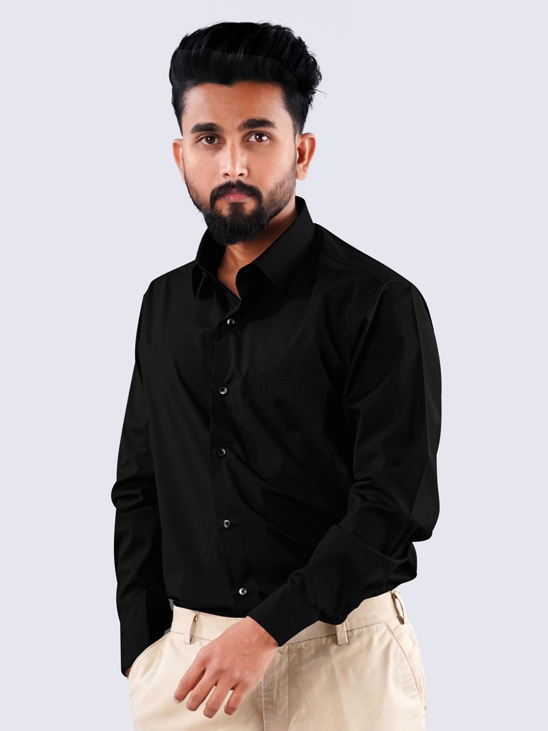 

FRENCH CROWN Spread Collar Standard Twill Pure Cotton Shirt, Black