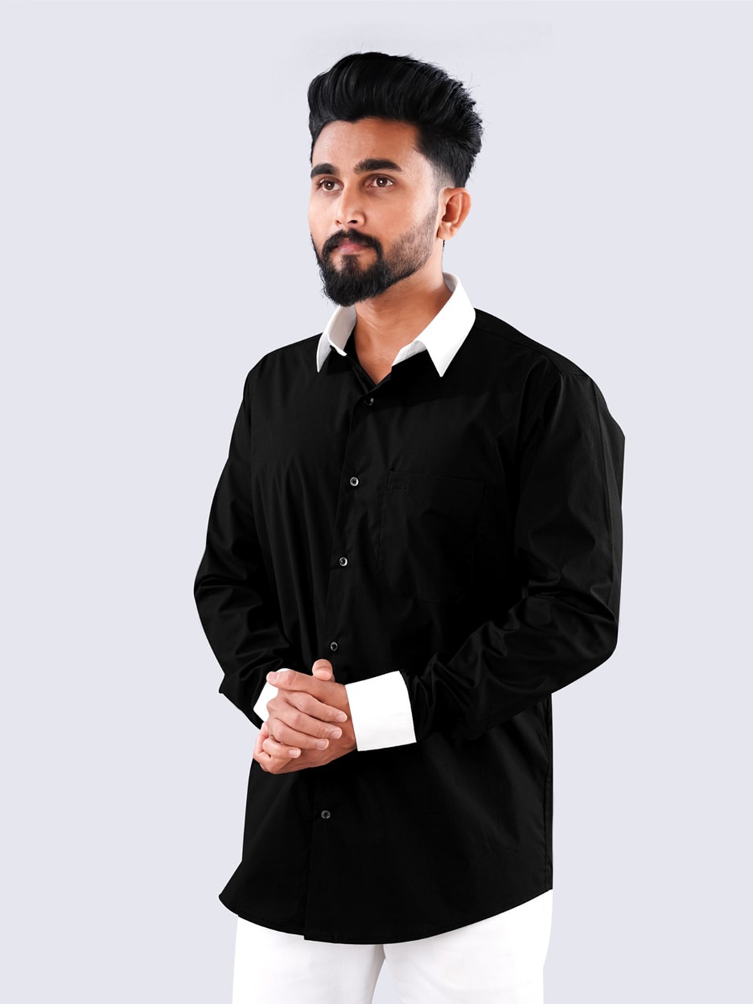 

FRENCH CROWN Spread Collar Standard Twill Pure Cotton Shirt, Black