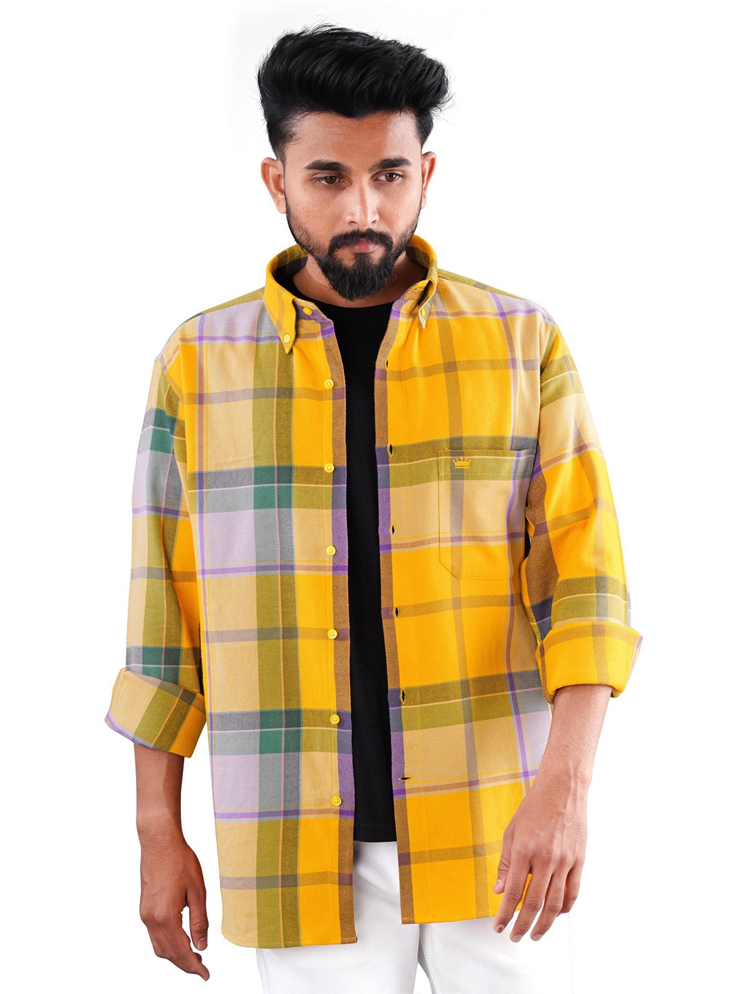 

FRENCH CROWN Checked Standard Twill Cotton Casual Shirt, Yellow