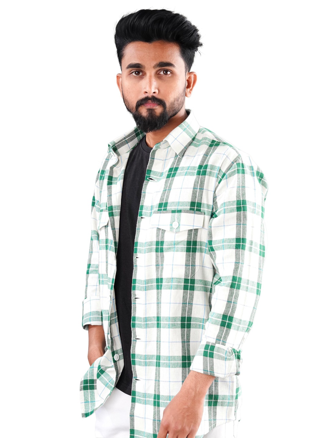 

FRENCH CROWN Checked Standard Twill Cotton Casual Shirt, Green