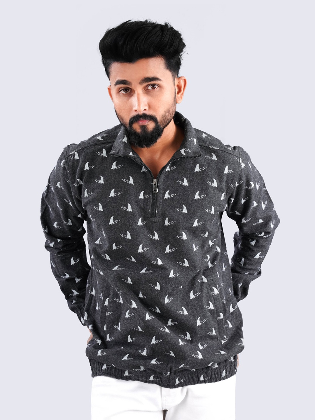 

FRENCH CROWN Conversational Print Collared Sweatshirt, Grey