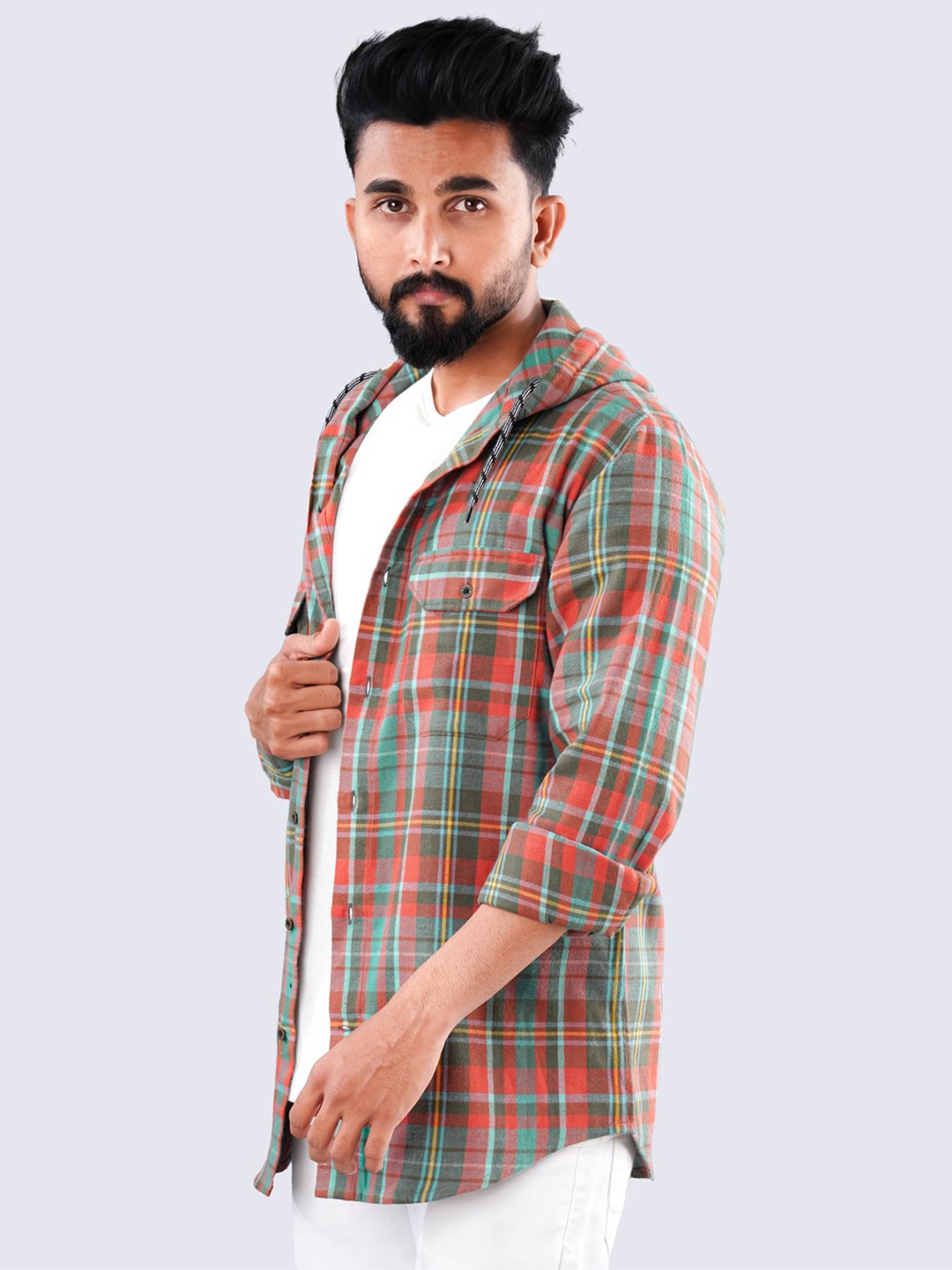 

FRENCH CROWN Standard Fit Opaque Tartan Checked Hooded Casual Shirt, Orange