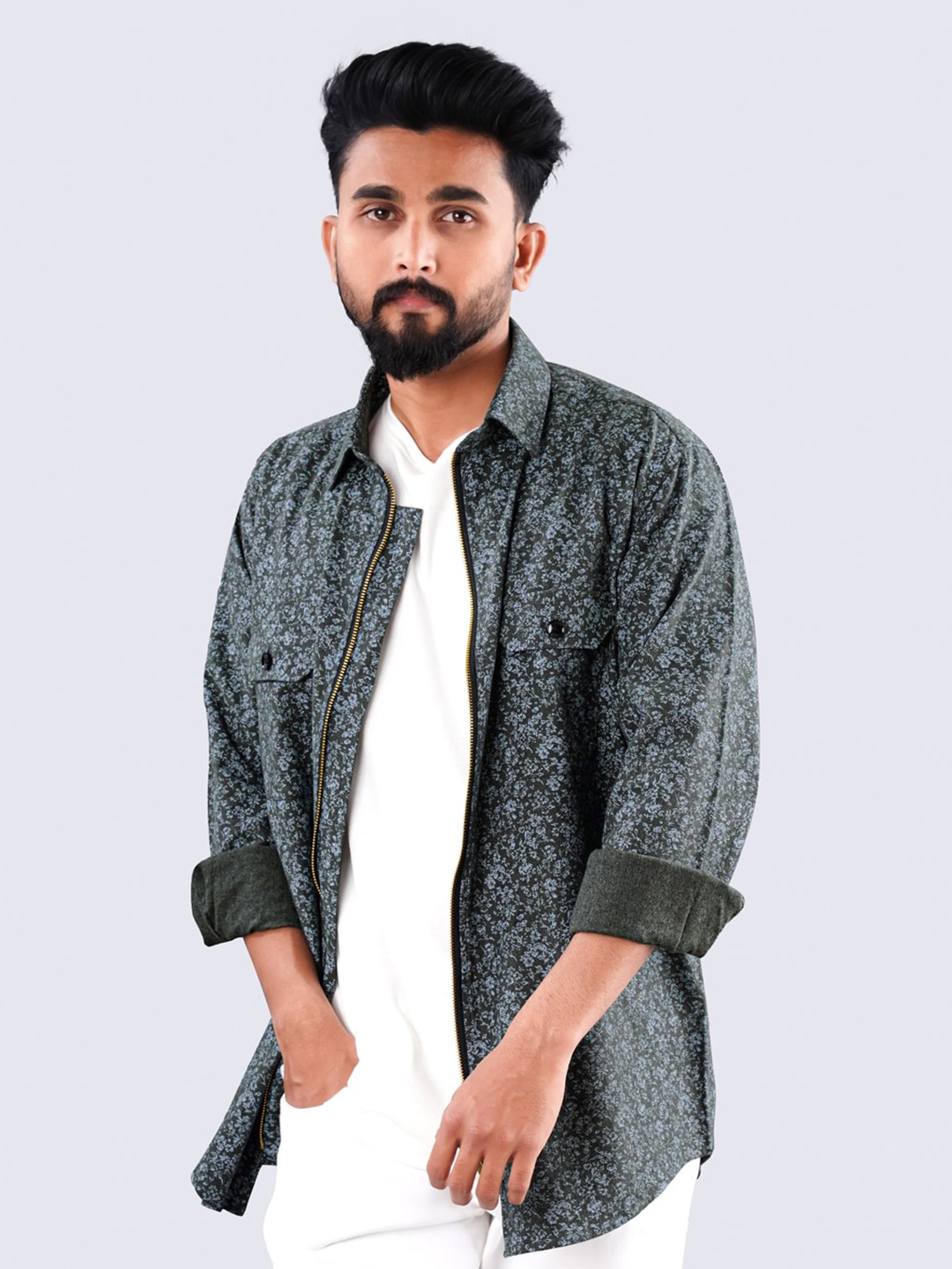 

FRENCH CROWN Standard Fit Floral Printed Opaque Casual Over Shirt, Grey
