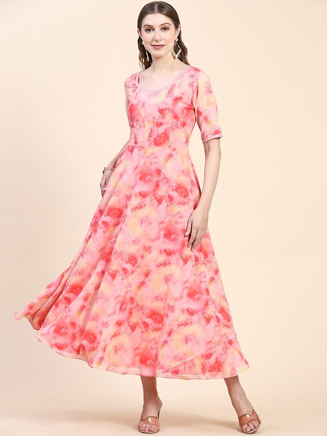 

KALINI Tie & Die Georgette Fit & Flare Ethnic Dress, Peach