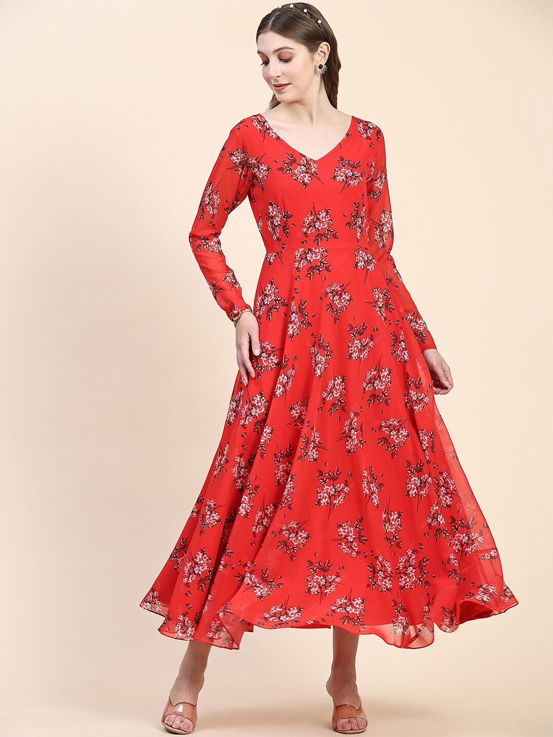 

KALINI Floral Printed Georgette Fit & Flare Maxi Ethnic Dresses, Red