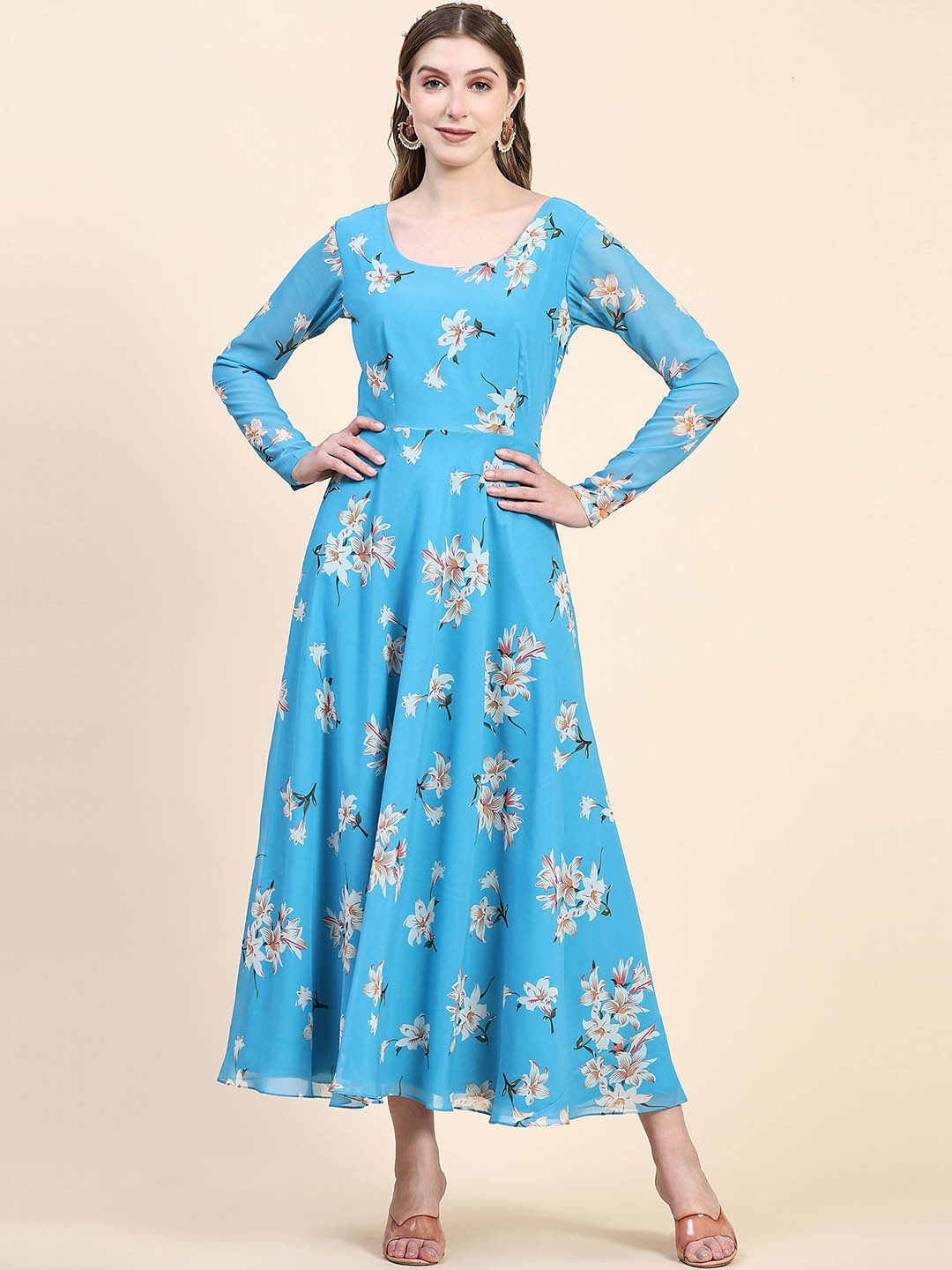 

KALINI Floral Printed Georgette Maxi Ethnic Dress, Blue