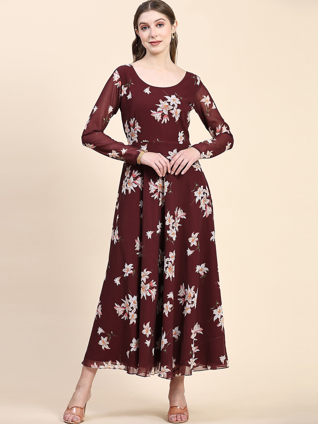 

KALINI Floral Printed Georgette Fit & Flare Maxi Ethnic Dresses, Brown