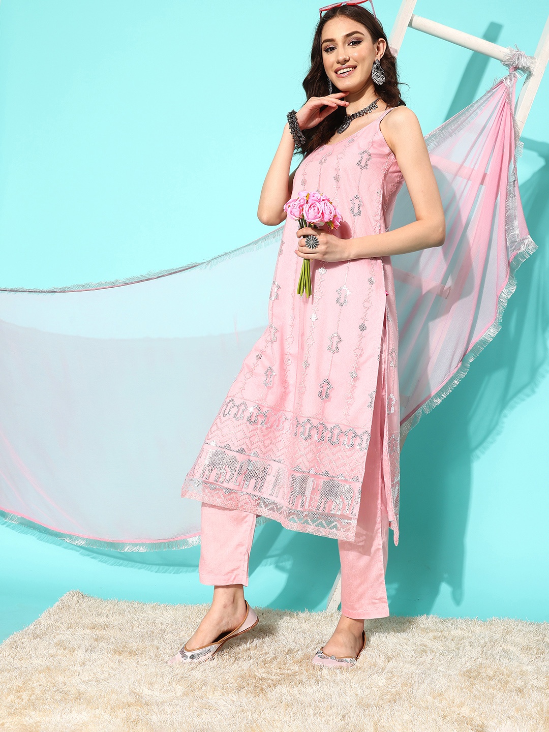 

Varanga Ethnic Motifs Embroidered Regular Sequinned Kurta with Trousers & With Dupatta, Pink