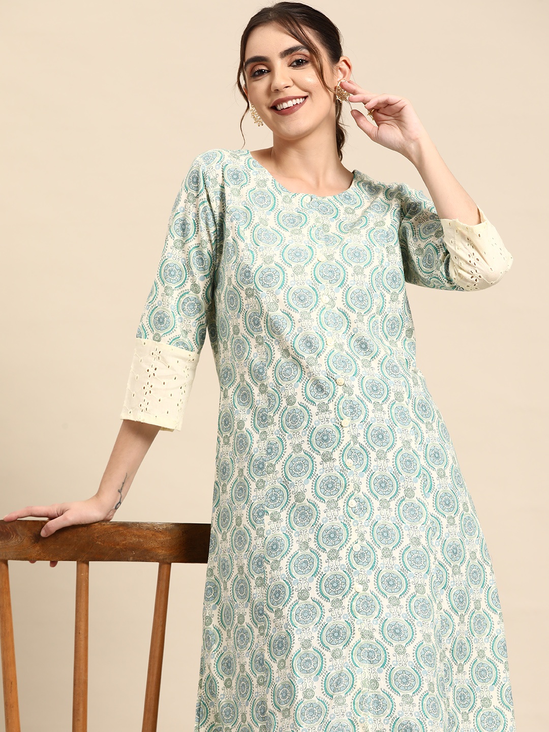

Sangria Women Ethnic Motifs Printed Cotton Kurta, White