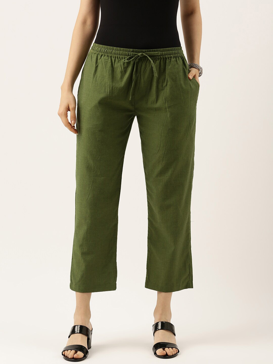 

Lokatita Women Mid-Rise Straight Fit Cotton Trousers, Green