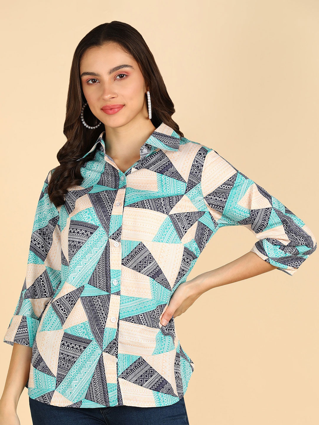 

ZNX Clothing Classic Aztec Printed Casual Shirt, Cream