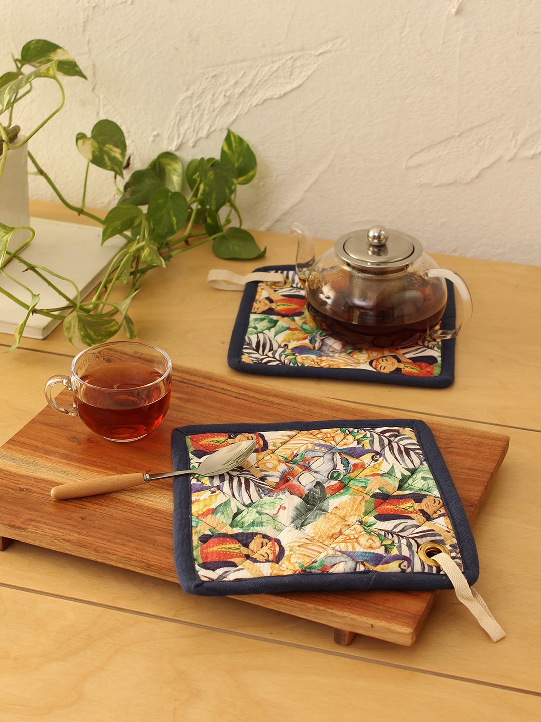 

House This Navy Blue & Yellow 2 Pieces Printed Cotton Pot Holder