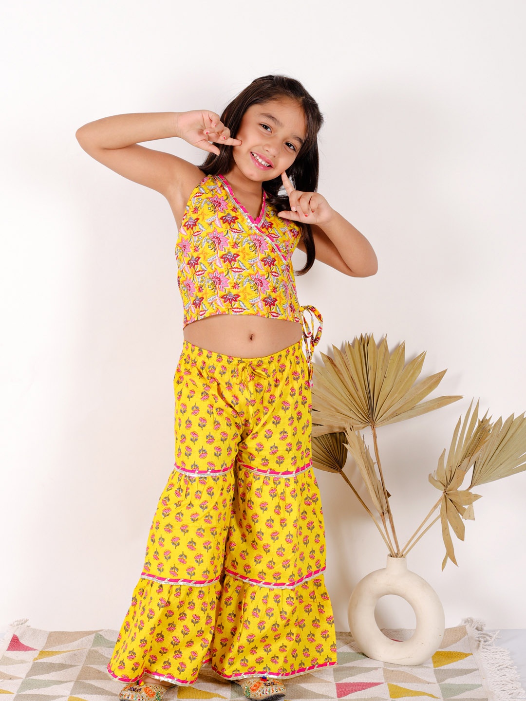 

Superminis Girls Ethnic Motif Printed Halter Neck Gotta Patti Pure Cotton Top With Sharara, Yellow