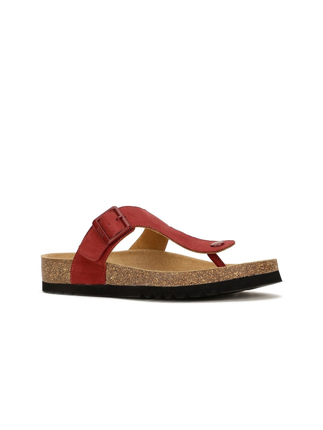 

Scholl Women Open Toe Leather T-Strap Flats With Buckles, Red