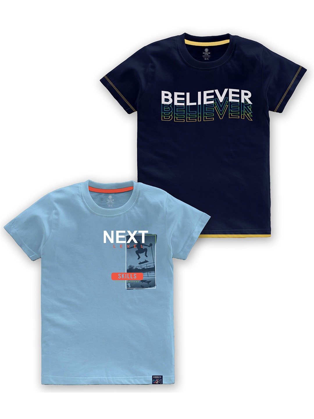 

CODEZ Boys Pack Of 2 Typography Printed Round Neck Cotton T-shirt, Blue