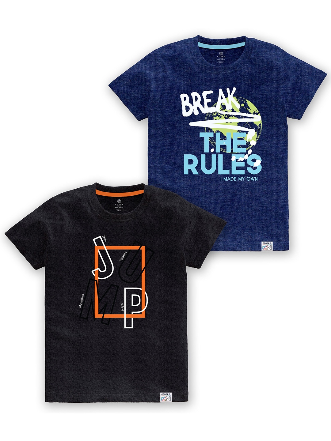 CODEZ Boys Pack of 2 Typography Printed Cotton T-shirts, Black