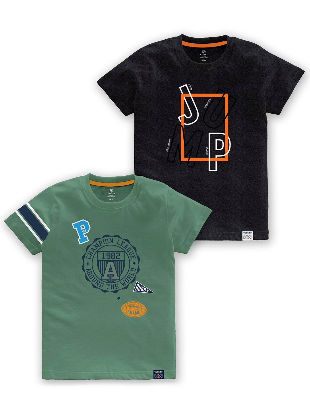 

CODEZ Boys Pack Of 2 Typography Printed Round Neck Cotton T-shirt, Green
