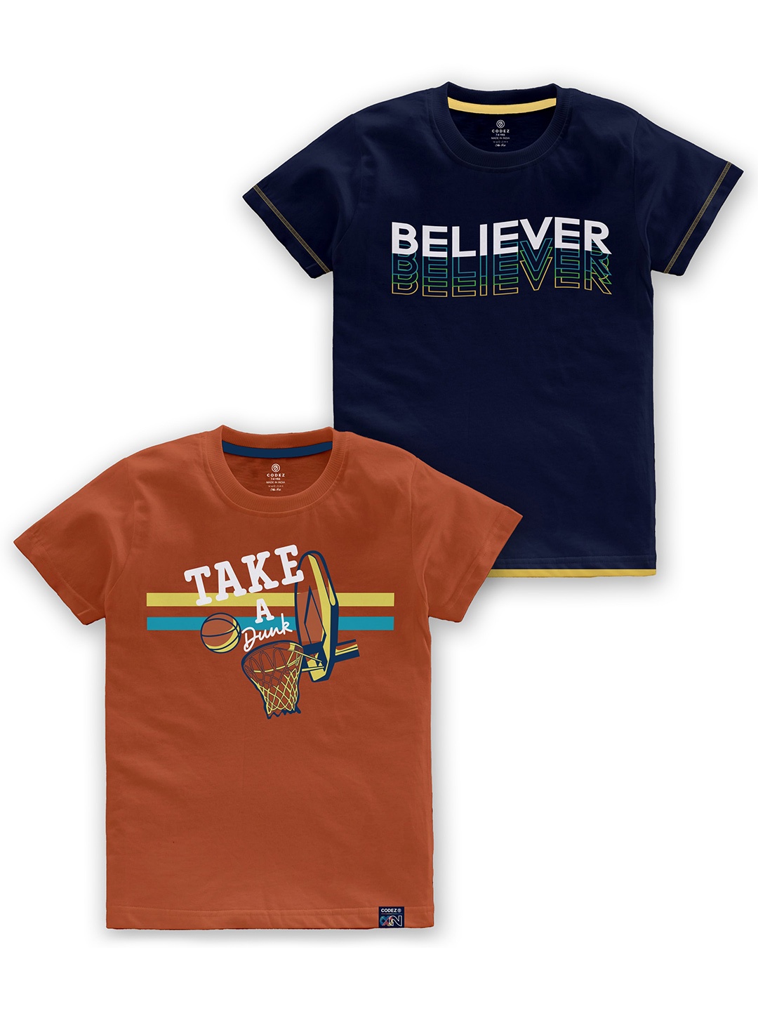 

CODEZ Boys Pack Of 2 Typography Printed Round Neck Cotton T-shirt, Brown