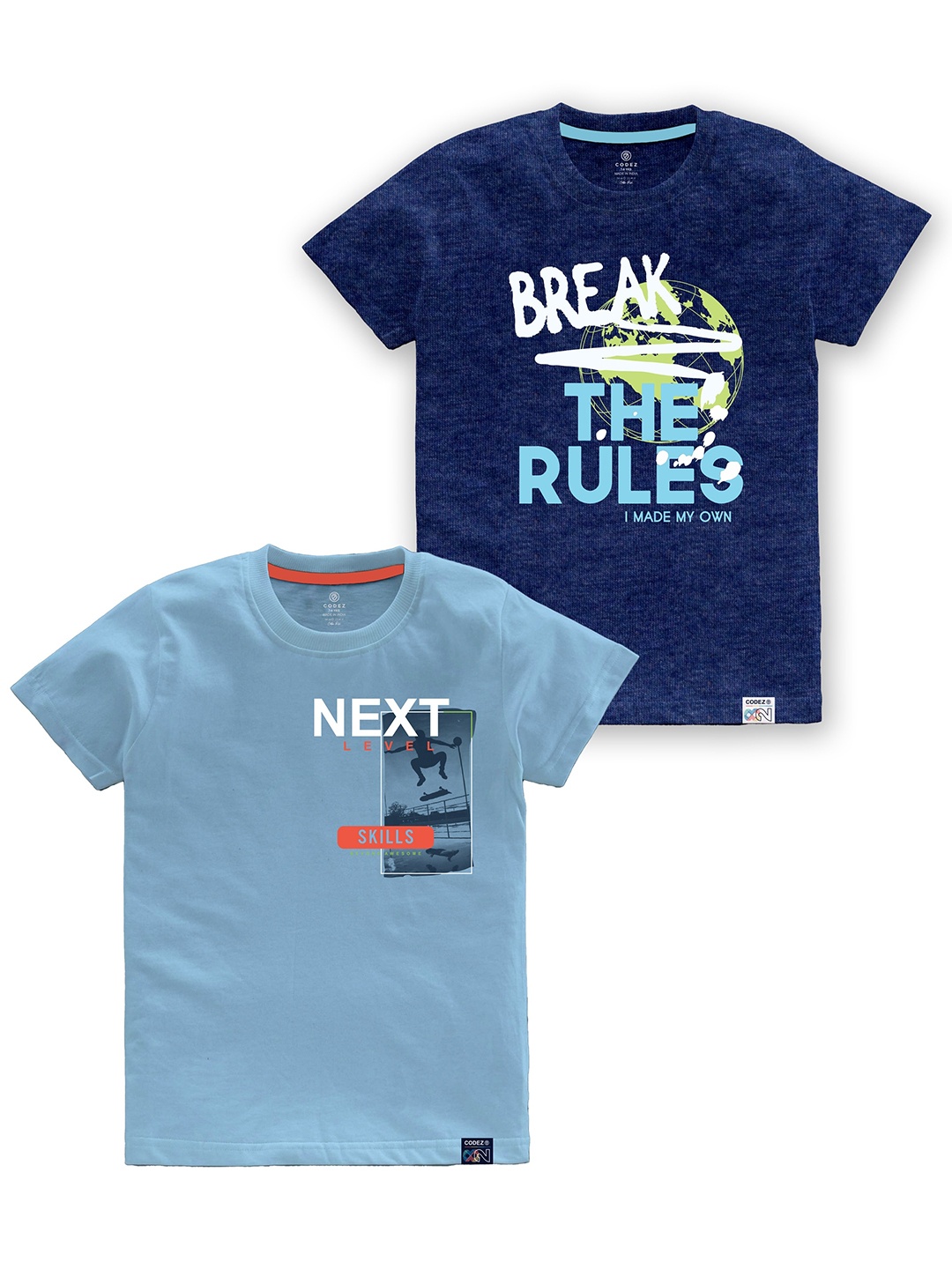 

CODEZ Boys Pack Of 2 Typography Printed Cotton T-shirt, Blue